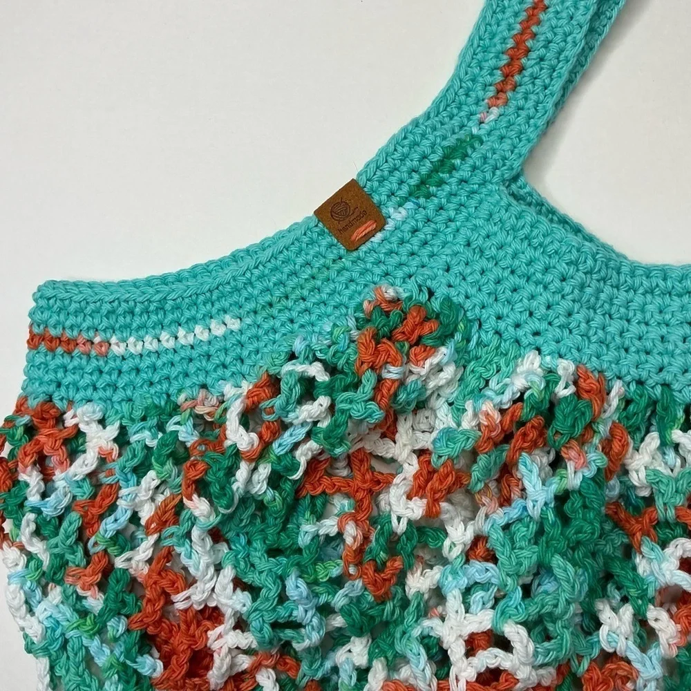 Large‎ Crochet Mesh Market Bag Teal White Cotton Handcrafted Handmade Reusable